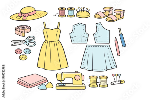 This illustration features various sewing tools and fashion items like a yellow dress, sewing machine, scissors, and thread spools arranged on a dark background.