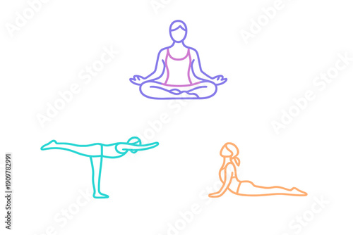 Minimalist neon line art illustrations of women practicing various yoga poses like meditation, warrior three, and cobra pose, set against a solid black background for a modern look.