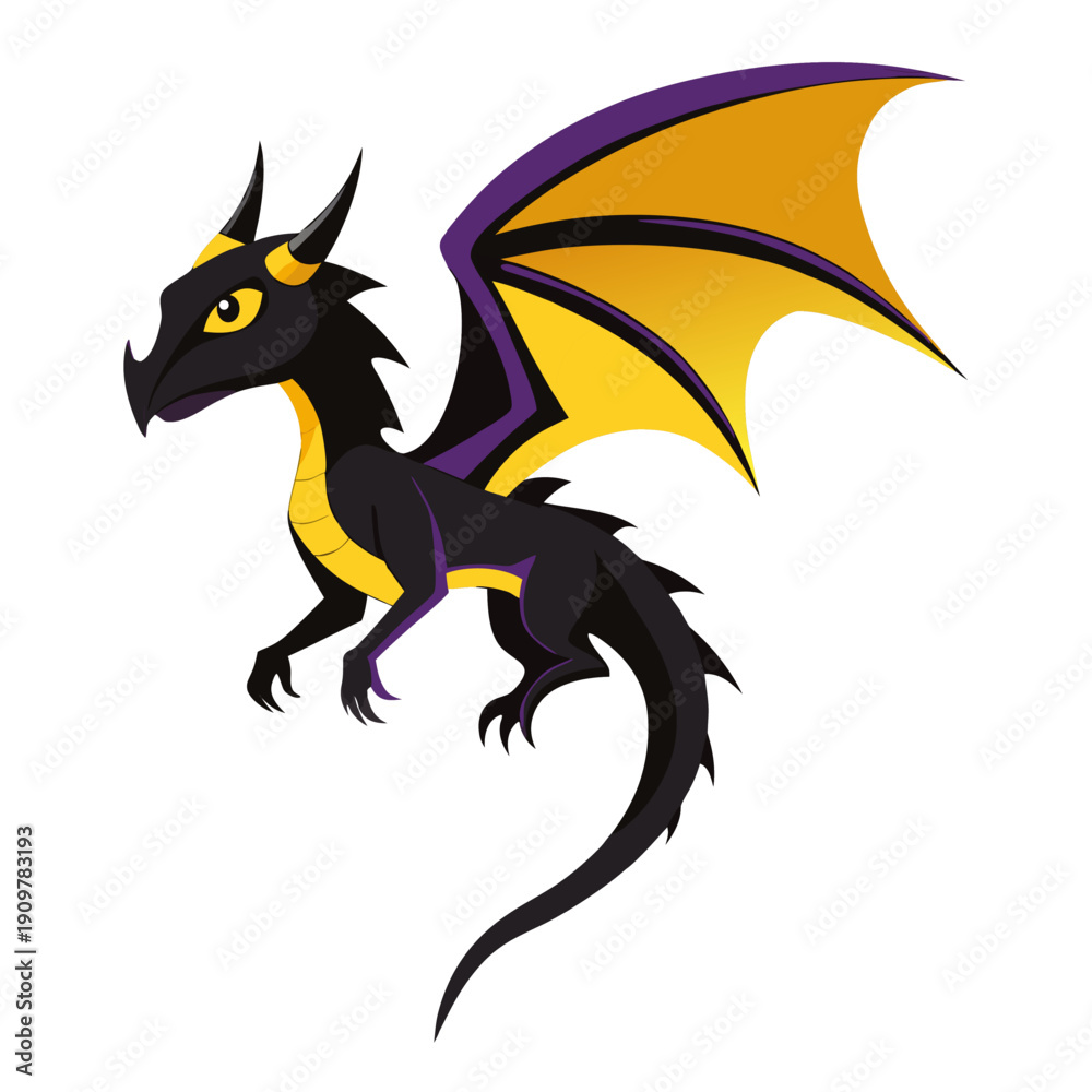 Fototapeta premium Cartoon Black Fire Dragon with Yellow Wings. Fantasy flying dragon or dinosaur. Mythical character. Suitable for children's books, branding, sticker, logo, icon. Isolated vector on white background