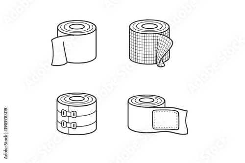 A collection of four black and white line art illustrations showing different types of medical bandages, including gauze, elastic wraps with clips, and adhesive tape rolls.