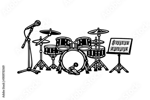 A black and white illustration of a complete drum set with a microphone and a music stand featuring sheet music, set against a solid black background for a minimalist look.