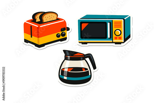 Three stylized kitchen appliance stickers featuring a red toaster with toast, a teal microwave oven, and a glass coffee carafe with dark liquid on a black background.