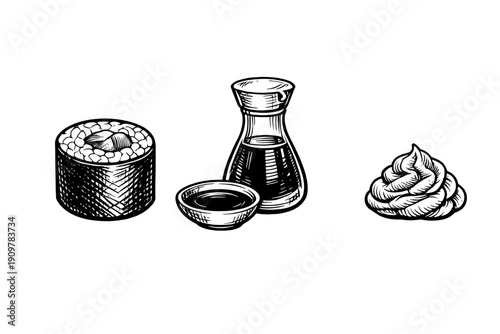 A black and white woodcut style illustration of a sushi maki roll, a soy sauce bottle with a dipping bowl, and a swirl of wasabi paste isolated on a solid black background.