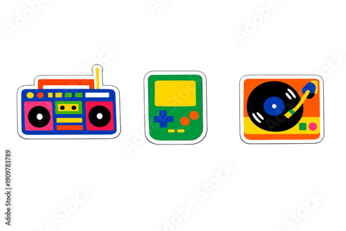 A collection of three vibrant retro themed stickers including a boombox, a handheld game console, and a turntable, all set against a plain black background in a flat design.