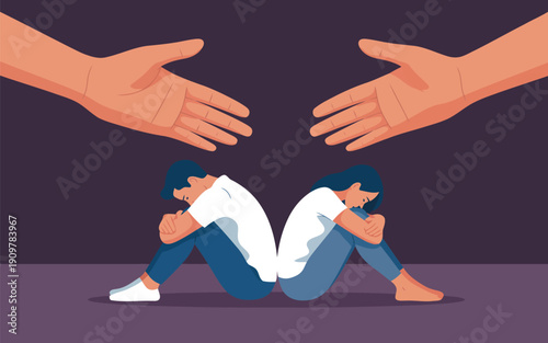 Two sad people sitting on the floor with backs to each other while helping hands reach out