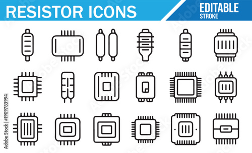 Resistor and Microchip Line Icons Set. Editable Vector Symbols for Electrical Engineering and Technology.