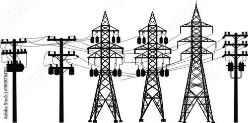High voltage electricity transmission towers and utility poles with power lines, industrial energy grid infrastructure silhouette isolated illustration