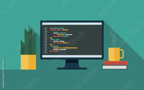 Workspace illustration with a computer screen showing code next to a plant and books