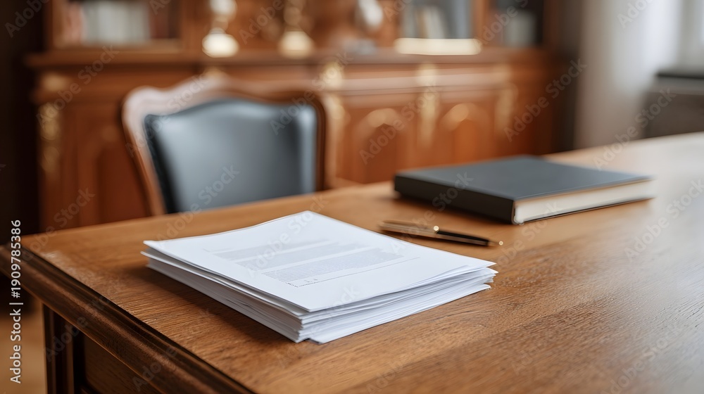 Fototapeta premium A professional office scene with a desk holding papers a book and a pen