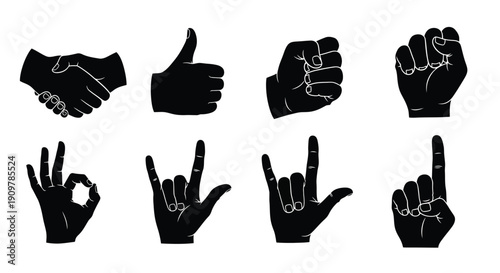 Collection of black silhouette hand gestures against a white background