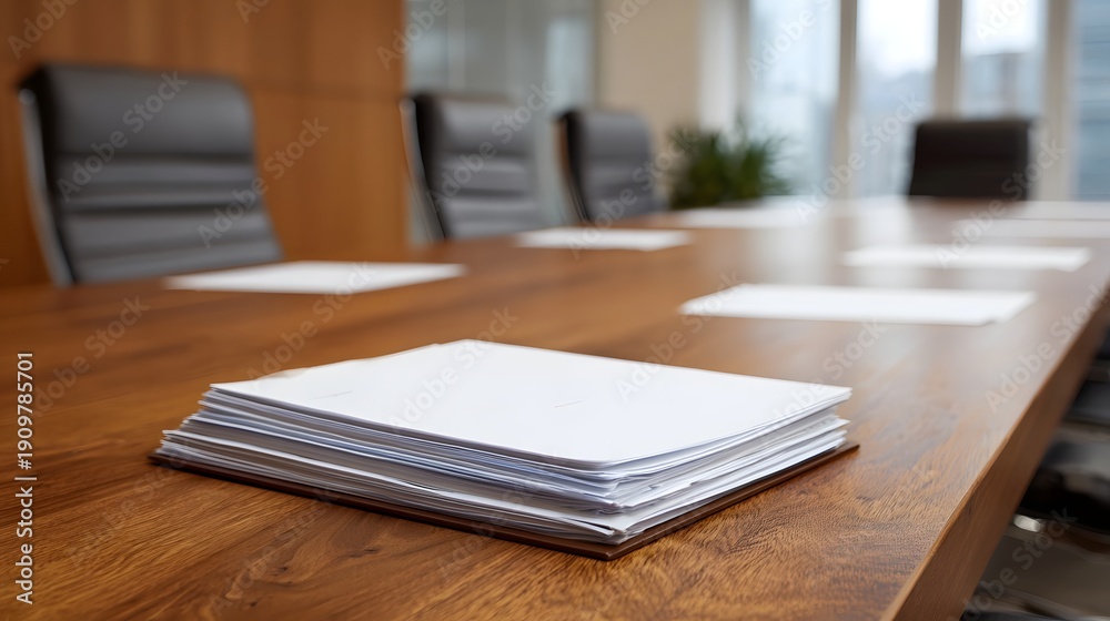Fototapeta premium A stack of documents sits on a polished wooden conference table in a modern office boardroom ready for a meeting