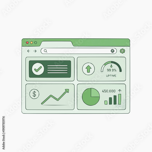 Minimalist SaaS Dashboard Wireframe featuring 99.9% Uptime Monitor Revenue Growth Chart and Status Check Indicators