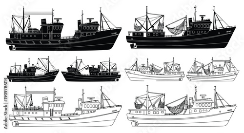 Black and white illustration of six fishing trawlers at sea