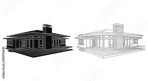 Architectural rendering of a modern ranch house shown in contrasting styles