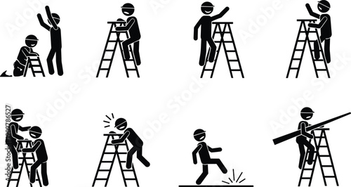 Black Stickman Figure Collection Featuring Construction Workers On Ladders Ballet Dancers Social Groups Weightlifting Exercises Abstract Halftone Patterns And Daily Activities