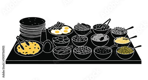 A black and white illustration of a buffet spread with various food items
