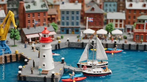 Cargo ship at harbor, miniature port city with cranes, buildings and docks.