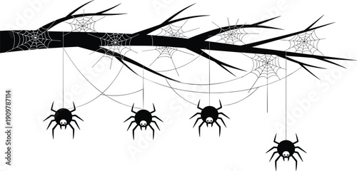 Vector illustration of black spiders hanging from tree branch with cobwebs for spooky Halloween background decorative horror theme and autumn seasonal party design