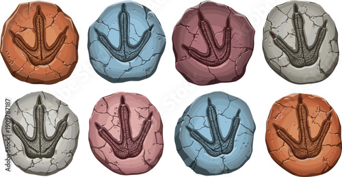 Vector illustration of dinosaur bird footprint fossil set in colorful stone rock isolated on white for prehistoric science education paleontology and archeology museum design