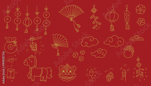 Hand drawn lunar new year outline gold ornaments set includes boy, girl, cloud, horse, coin, flower, firecrackers, Chinese fan, lanterns, lion on red background vector design.