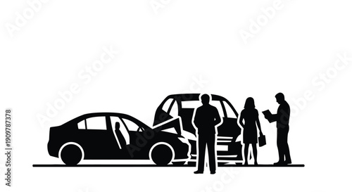 Black silhouette depicting a car accident scene with people nearby