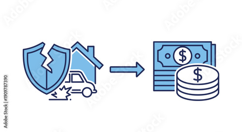 Home and auto insurance protection leading to financial security depicted in blue icons