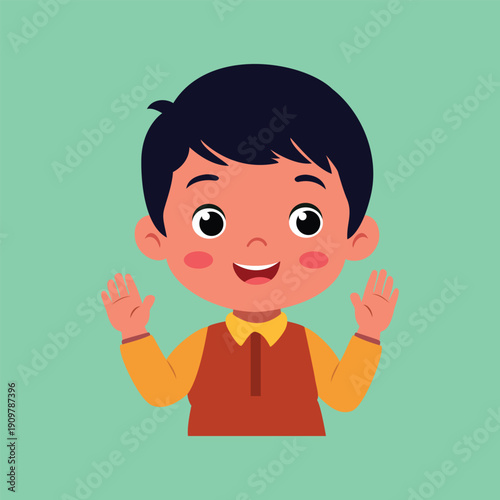 A cheerful cartoon boy with dark hair and a bright smile