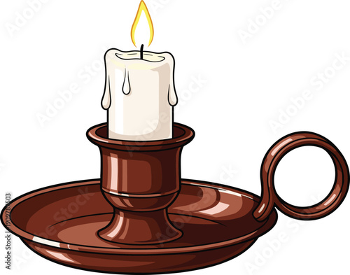 Vintage brass chamberstick candle holder with a burning white wax candle and melting drips isolated on a white background for classic interior decor concepts