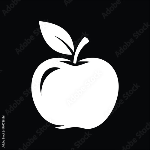 White stylized apple with stem and leaf on a solid black background fruit