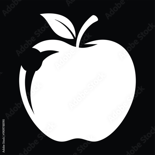 White bitten apple silhouette with leaf on black background simple fruit food healthy