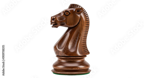 Fotografie Dark brown wooden knight chess piece isolated PNG, handcrafted game piece on tra