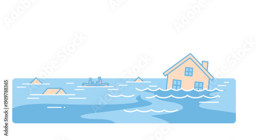 Flooding event showing a house partially submerged with people in a boat