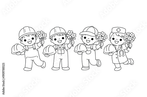 Four cartoon workers in hard hats holding various tools and flowers in a line, ChatGPT Image reference