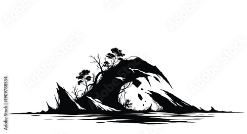 Stylized black and white illustration of a mountain rising from water