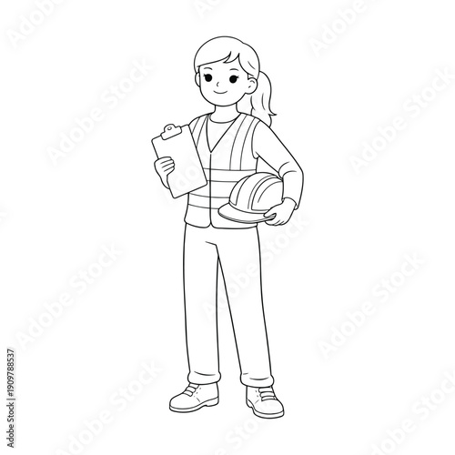 A young engineer holding a hard hat and clipboard, standing confidently with a technical document, vector illustration, workplace setting