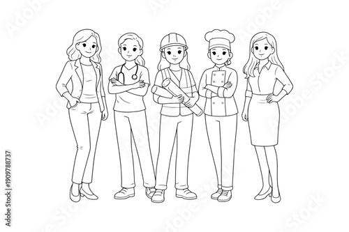 Illustration of five women standing together, showcasing unity and diversity, in a simple line art style, reminiscent of a ChatGPT image from February 4, 2026.