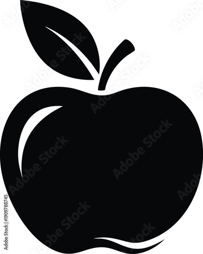 Solid black silhouette of a ripe apple with a single leaf and stem on a white background