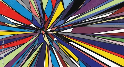Vibrant abstract artwork with colorful geometric shapes exploding outward