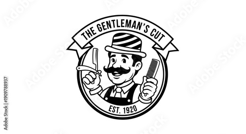 Vintage Barbershop Logo with Gentleman Barber Holding Razor and Comb.