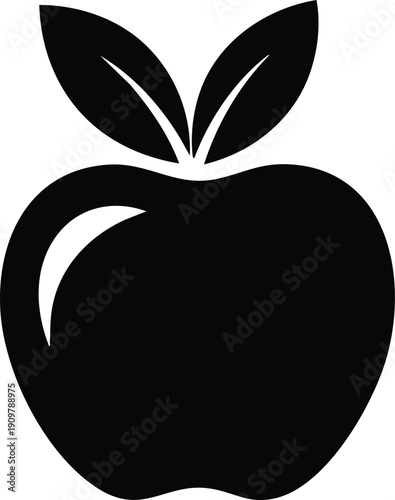 Solid black apple with two leaves on a clean white background fruit symbol