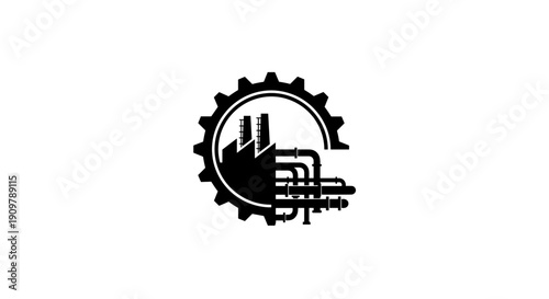 Industrial factory building with pipes and gear icon.