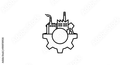 Industrial factory buildings on a gear icon representing manufacturing and industry.