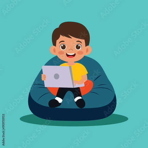 A cartoon boy sitting on a bean bag chair with a laptop