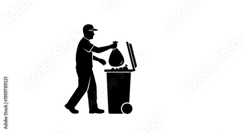 Man disposing of trash in a garbage can, black and white silhouette.