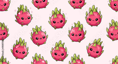 Cute Kawaii Dragon Fruit Pattern, Pink Tropical Fruit Illustration