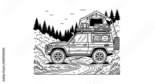 Off-road vehicle with rooftop tent for adventurous outdoor camping trips.