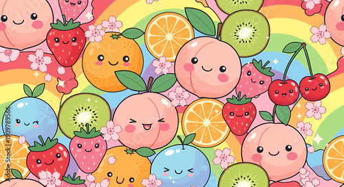 Kawaii Fruit Pattern: Cute Peaches, Strawberries, Oranges, Kiwis, Cherries on Rainbow Background