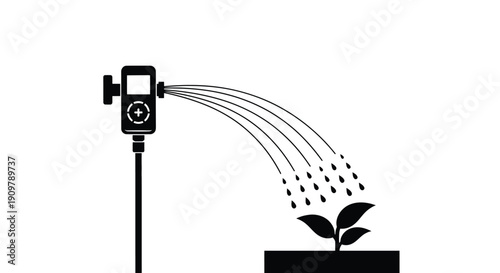 A simple black and white illustration of a watering can spraying a seedling