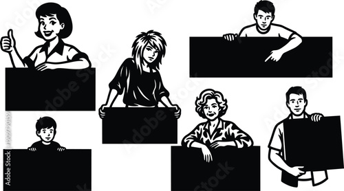 Vector art retro stencil people holding blank signs various ages close up front view monochrome bold graphic poster style advertisement