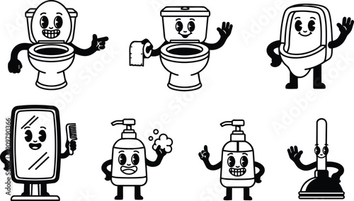 Retro cartoon line art bathroom mascots set smiling toilet urinal soap dispenser mirror plunger and pump bottle waving close up